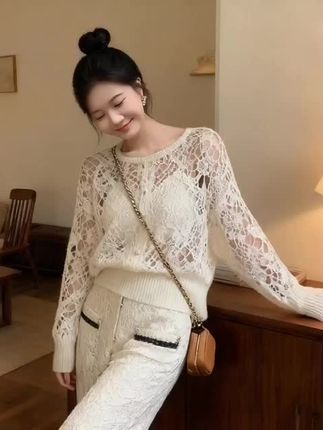 小香风气质穿搭一整套女秋装搭配蕾丝镂空针织衫上衣裤子两件套装#穿搭分享#谁穿谁好看#OOTD