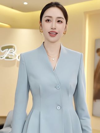 钟老板 灰蓝色西装套装女2025秋季新款高级感通勤V领收腰显瘦外套