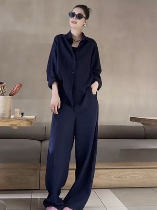 老钱风时尚套装女藏蓝色慵懒宽松衬衫+阔腿休闲裤显瘦减龄两件套#夏季新款#阔腿裤#衬衫#显瘦穿搭#慵懒风穿搭