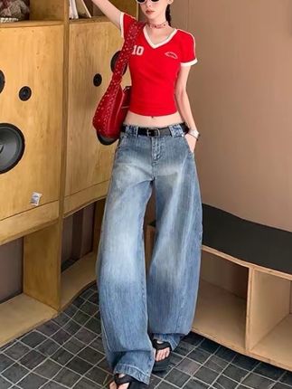 美式复古弯刀阔腿牛仔裤女2025秋季新款高腰宽松显瘦镰刀拖地裤子#牛仔裤穿搭 #牛仔裤 #显高显瘦显腿长 #百搭阔腿裤 #显瘦牛仔裤