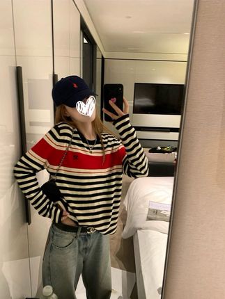 撞色宽松条纹针织毛衣女秋季新款休闲圆领上衣#穿出高级感 #女装 #今日穿搭 #韩式穿搭 #显瘦搭配