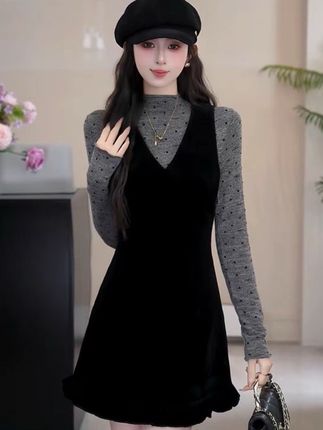 YUANLIANSU/圆脸酥【云眠画记】波点打底衫+丝绒背心连衣裙两件套女