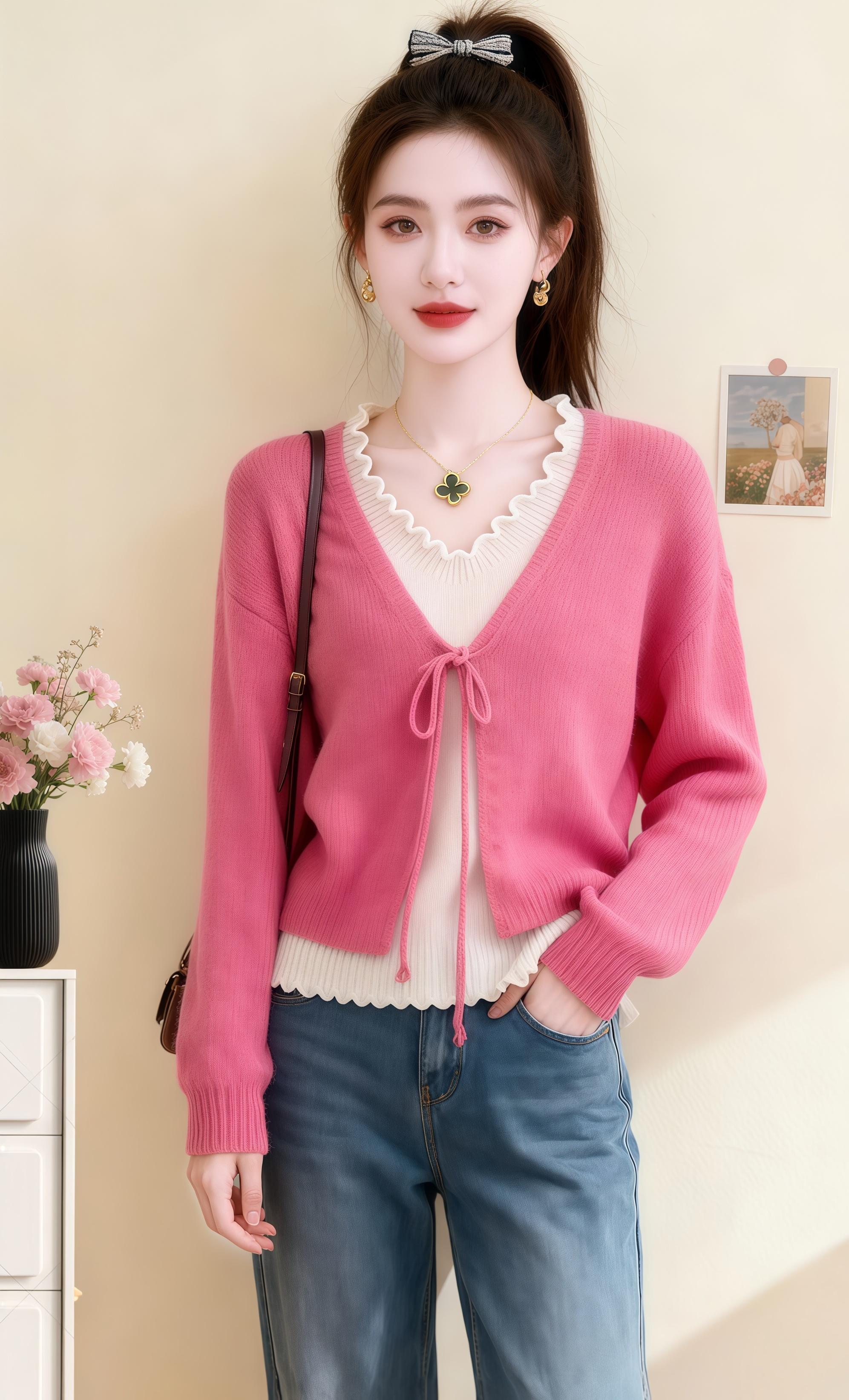 被这件假两件粉色针织开衫美到啦~系带设计灵动又俏皮,搭配木耳边内搭,温柔感直接拉满~日常配牛仔裤,显白又减龄,早秋穿太甜啦~#高级感穿搭 #显瘦穿搭 #温柔风 #针织衫 #百搭上衣太好看了人手必备一件 @抖加🔥上热门🔥dou+🔥热点宝