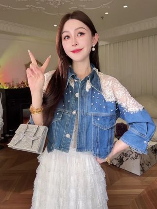 【浪漫幻影】重工拼接蕾丝手缝亮片珍珠七分袖短款牛仔棉外套#小众设计感女装轻奢别致 #精致穿搭 #时尚单品 #穿搭不重样