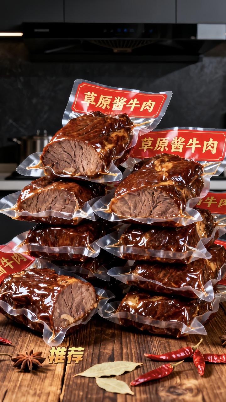草原五香酱牛肉,一口就爱上的美味!家人们,今天必须给你们推荐这款超好吃的五香酱牛肉呀!精选优质牛肉,肉质紧实叉鲜嫩,纹理清晰可见。 采用独家秘制的五 香配方精心卤制,每一丝牛肉都充分 吸收了香料的醇厚味道,酱香浓郁,入口就能感觉浓郁的肉香在舌尖散开,越嚼越带劲!#好吃到停不下来 #酱牛肉#五香牛肉#牛肉