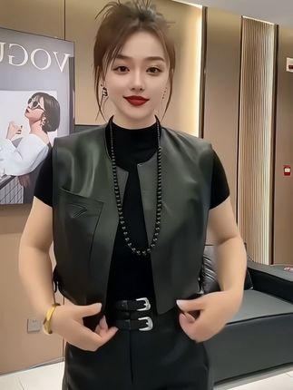 秋季新款韩版时尚马夹女高级感休闲百搭无袖马甲水洗皮外套纯色潮#皮马甲#休闲百搭#秋季新款#韩版穿搭#谁穿谁好看