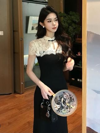 高级感蕾丝拼接连衣裙女夏季新款新中式气质名媛仙女长裙#高级感穿搭 #蕾丝拼接连衣裙#新中式长裙#收腰显瘦#气质轻熟风