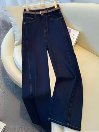 拉夏贝尔丹宁蓝弯刀牛仔阔腿裤女秋季新款宽松显瘦窄版直筒裤#每日分享 #穿搭 #显高显瘦显腿长 #女装穿搭