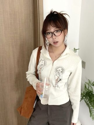 秋季新款印花针织上衣秋复古弹力POLO领拉链设计罗纹夹克外#新款新色#秋季穿搭