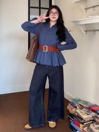 牛仔蓝衬衫搭配,舒适又好看的一套,妥妥遮肉#穿搭日记 #今天穿什么 #高级穿搭 #大码女装 #复古气质女装