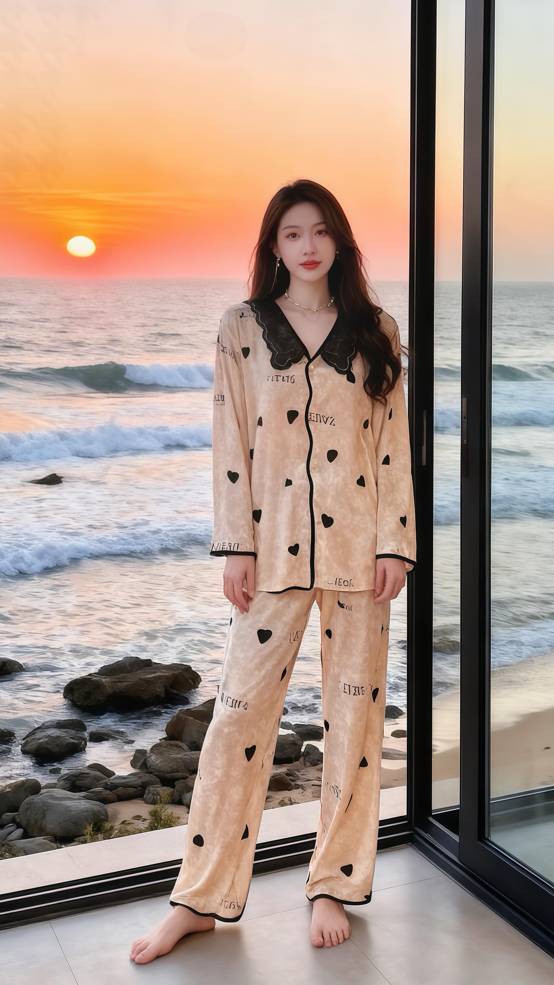 海畔晨光里的心动丝语。当第一缕晨曦把海面染成蜜橘色,林溪站在落地窗前,身上的米杏色家居服缀满黑色心型印花,蕾丝领口如蝶翼轻扬。海浪卷着碎银般的泡沫涌上礁石,她望着远方的朝阳,衣料的丝滑触感与海风吹拂的温柔在此刻交融。 这套家居服是她海边度假的小确幸。清晨,她穿着它看潮起潮落;傍晚,任丝柔的布料裹住身躯,听海浪哼着催眠曲。心型印花在光影里俏皮灵动,蕾丝细节又添了几分雅致,将舒适与浪漫揉进每一寸设计。 在这片海的怀抱中,家居服成了她与浪漫对话的载体。无需繁杂修饰,一身灵动自在,便能在海畔的晨昏里,让每一次呼吸都带着心动的韵律。#金丝绒睡衣 #面料柔软舒适 #不挑年龄不挑身材 #优雅气质 #谁穿谁好看