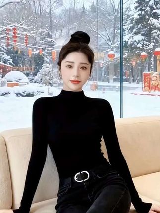 半高领黑色女装打底衫女内搭秋冬季新款洋气修身长袖T恤##秋冬穿搭 #晒晒我的秋日穿搭 #秋天外套怎样买不踩雷#早秋穿搭显贵法则#冬日穿搭测评