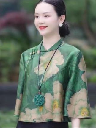 中式国风香云缎面牡丹印花七分袖短外套2025春夏新款傣味上衣#中国风七分袖上衣#缎面牡丹印花上衣#时尚女装穿搭