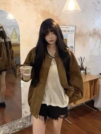 美式复古麂皮绒翻领外套女2025秋季新款洋气百搭宽松休闲夹克上衣#女装 #夹克外套 #翻领外套 #秋季穿搭
