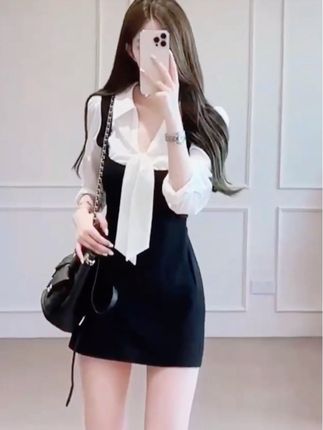 #上热门 舒胡蕾 日漫少女 韩系假两件撞色拼接蝴蝶结收腰短款连衣裙#气质穿搭 #早秋穿搭 #每日穿搭 #谁穿谁漂亮
