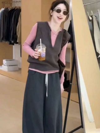 秋季新款韩系休闲宽松时尚简约真两件上衣搭配休闲裤显瘦三件套装#时尚洋气休闲宽松三件套