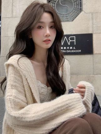 韩版百搭连帽针织开衫女秋冬宽松慵懒风氛围感加厚毛衣外套高级感#连帽针织衫#慵懒风#毛衣外套