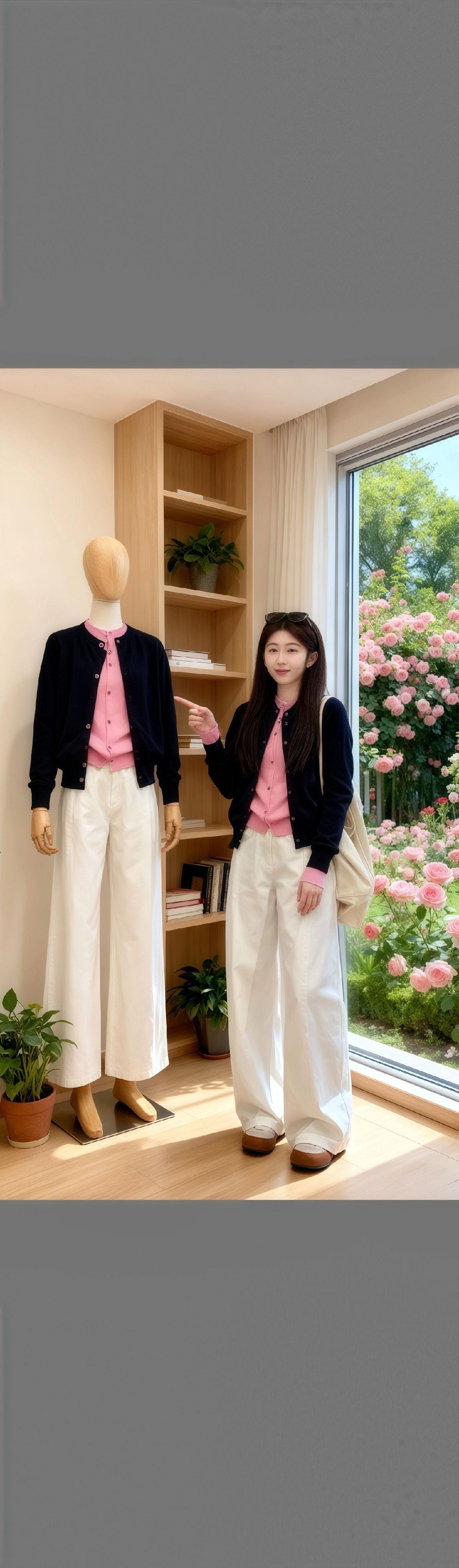 👗晓晓的早秋心动穿搭来啦!藏蓝开衫+粉色内搭+白色阔腿裤,温柔又显质感~ 开衫针织软糯亲肤,叠穿粉色内搭瞬间点亮造型,日常通勤或约会都很出挑✨ 白色阔腿裤垂感绝绝子,显瘦还能拉长比例,小个子也能穿出大气场! 在满是绿植鲜花的窗边一搭,氛围感直接拉满~这套穿搭把温柔与质感融合得恰到好处,穿上你就是早秋画报女主! #高级感穿搭 #简约穿搭 #慵懒风穿搭 #梨形身材穿搭 #ootd穿搭