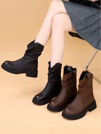 韩系套筒堆堆短靴秋季时尚简约配裙褶皱圆头烟筒靴#套筒堆堆靴 #烟筒靴 #时尚短靴#百搭时尚女鞋 #好穿又好搭