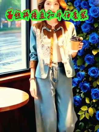 蕾丝拼接女士牛仔套装#时尚洋气 上档次牛仔套装#设计感蕾丝拼接两件套装#时尚气质穿搭 #春收新款复古气质阔腿裤两件套装#好物分享