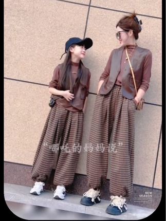亲子装套装女童宽松母女装春秋打底衫+马甲+洋气格子裤三件套
