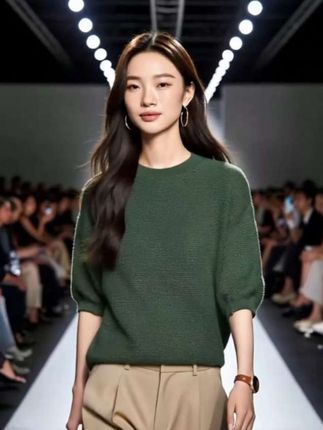 品牌高端女装超细精纺羊毛衫女秋季大码洋气宽松薄款中袖针织上衣 #五分袖上衣 #通勤穿搭 #简约高级感 #精纺羊毛衫 #针织衫