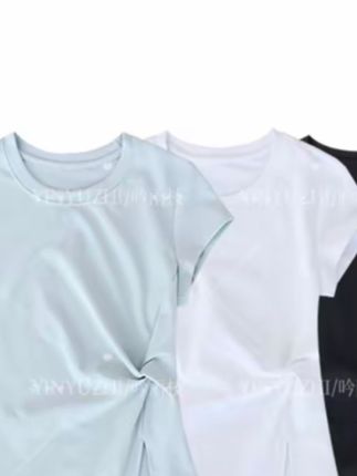 YINYUZHI/吟雨枝凉感不规则T恤抽褶下摆显瘦遮肉洋气短袖59011#衣服 #T恤 #不规则T恤