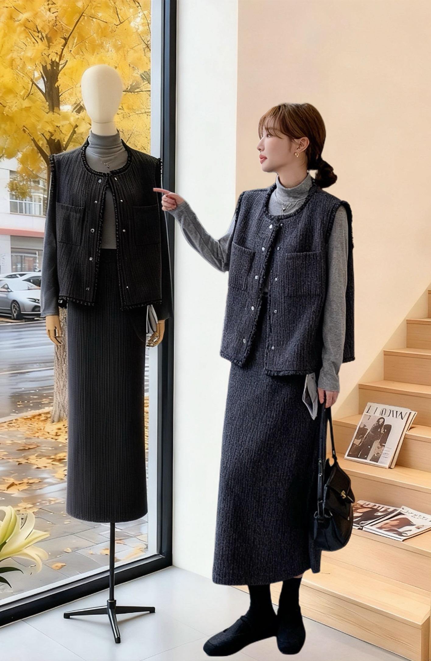 简约大气~时尚感拿捏~这套小香风流苏马甲打底衫半裙穿搭整体色调统一,适合日常出街或休闲场合,给人一种舒适、随性又不失优雅的感觉。#简约大气 #优雅气质 #显瘦穿搭 #高级感穿搭 #秋冬穿搭