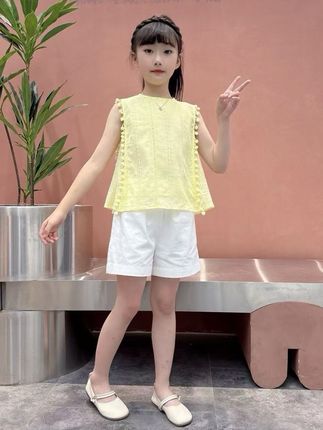 女童夏季2025新款镂空宽松棉布无袖上衣短裤时尚套装#高品质童装 #夏季穿搭 #夏款搭配 #童装推荐