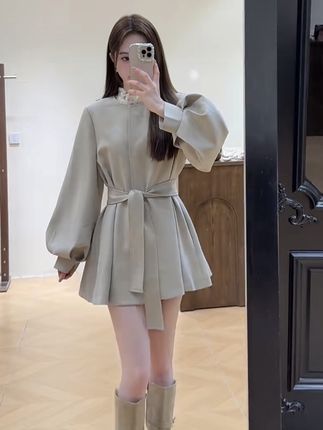 秋季韩系洋气宽松百搭显瘦系带收腰灯笼袖风衣外套女#通勤搭配 #高级感穿搭 #韩系穿搭 #梨形身材穿搭 #显高显瘦穿搭