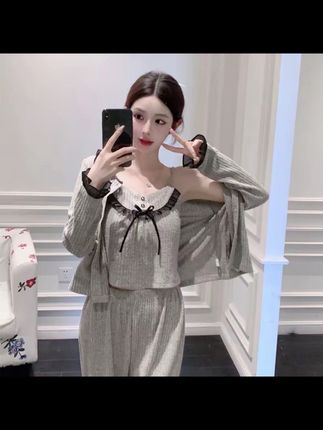 睡衣女秋冬羊蜜绒吊带长袖三件套带胸垫甜美蝴蝶结轻奢家居服外穿
