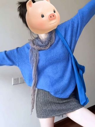 韩系宽松套头蓝色毛衣女秋冬斜肩针织衫上衣+麻花针织短裙女套装#针织上衣套装