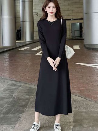 老钱风女装2025年新款韩版时尚休闲显瘦长款打底裙短袖黑色连衣裙#梨形身材穿搭 #高级感穿搭 #温柔风穿搭 #遮肉显瘦穿搭 #连衣裙