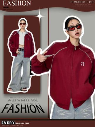 ICH MODE 美式格子拼接红色外套女秋季新款宽松拉链夹克运动上衣#不潮不出街 #运动风 #夹克 #学生党 #宽松外套