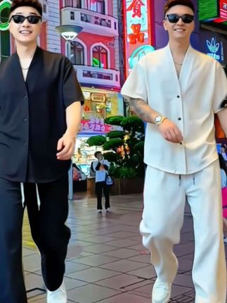#型男穿搭 #就是这个范 #整条街最靓的仔 ,#气质范 ,夏季薄款休闲男士短袖开衫两件套。