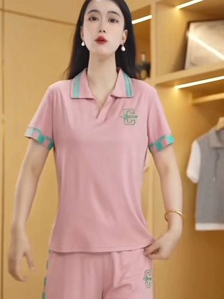 冰丝运动套装女夏季薄款2025新款宽松休闲polo领短袖短裤两件套#运动套装穿搭 #夏季穿搭 #面料舒适透气 #女装穿搭 #短袖套装