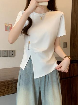 夏季法式减龄圆领短袖T恤女开叉不规则半袖设计感上衣2517#不规则上衣 #设计感小众上衣 #短袖t恤 #半袖t恤 #减龄穿搭