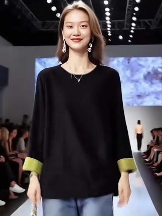 新中式国风T恤女2025秋季新款大码宽松休闲显瘦气质复古优雅上衣#时尚休闲穿搭 #藏肉显瘦穿搭 #百搭上衣