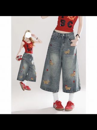 美式复古水洗趣味小狗牛仔短裤女2025夏季新款辣妹显瘦宽松七 #牛仔裤女 #辣妹牛仔裤 #复古牛仔裤