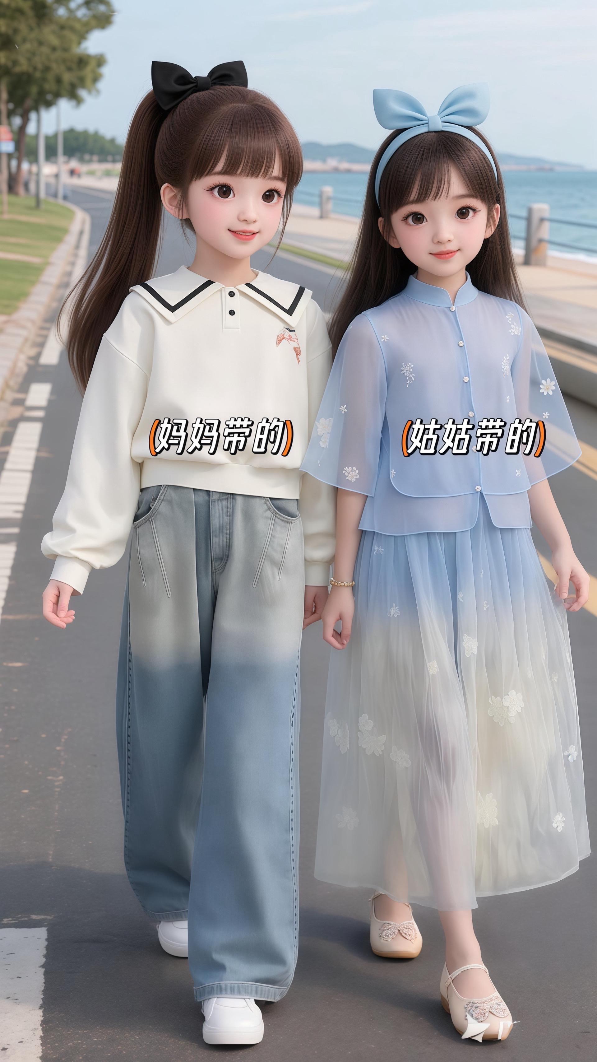 秋天来了,女儿真如小太阳般亮眼。2025新款海军领卫衣,浅色的底色配黑色领边,精致又洋气,背后的萌趣图案更添俏皮。浅蓝渐变阔腿裤好穿洋气,舒适又满满的松弛感,行走间尽是自在。脚踩小白鞋,马尾上的黑蝴蝶结随动作轻扬,手中的红小熊与这套穿搭相映成趣。这般女童两件套,把秋日的清新与时尚,都穿在了身上。#高品质童装 #女童穿搭 #生女儿就要这样穿#早秋穿搭公式来了#春秋穿搭