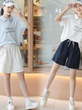 女童夏日穿搭两件套8-18岁青少年学生polo领学院风短袖休闲短裤夏#女童套装#休闲套装#儿童套装推荐#大童青少年装 #学院风套装