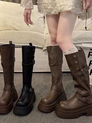 2025秋冬新款韩版长筒休闲长靴女时尚百搭小个子复古风厚底时装靴#辣妹穿搭 #长筒靴 #靴子 #ootd穿搭 #靴子控