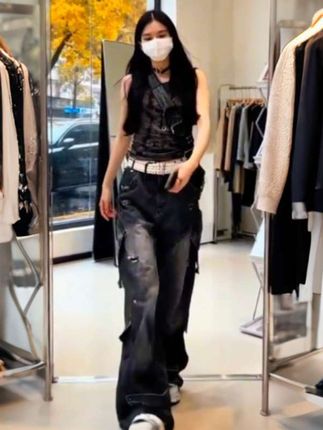 #大码美式高街hiphop嘻哈重工多口袋牛仔裤女直筒工装阔腿拖地长裤