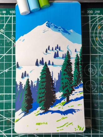 第⑦幅翻翻乐视频教程来咯,零基础也可以跟练的雪山松树,画笔用的是恩米,素材来源于六条老师#跟着抖音学画画 #绘画教程 #丙烯马克笔 #丙烯风景画 #翻翻乐