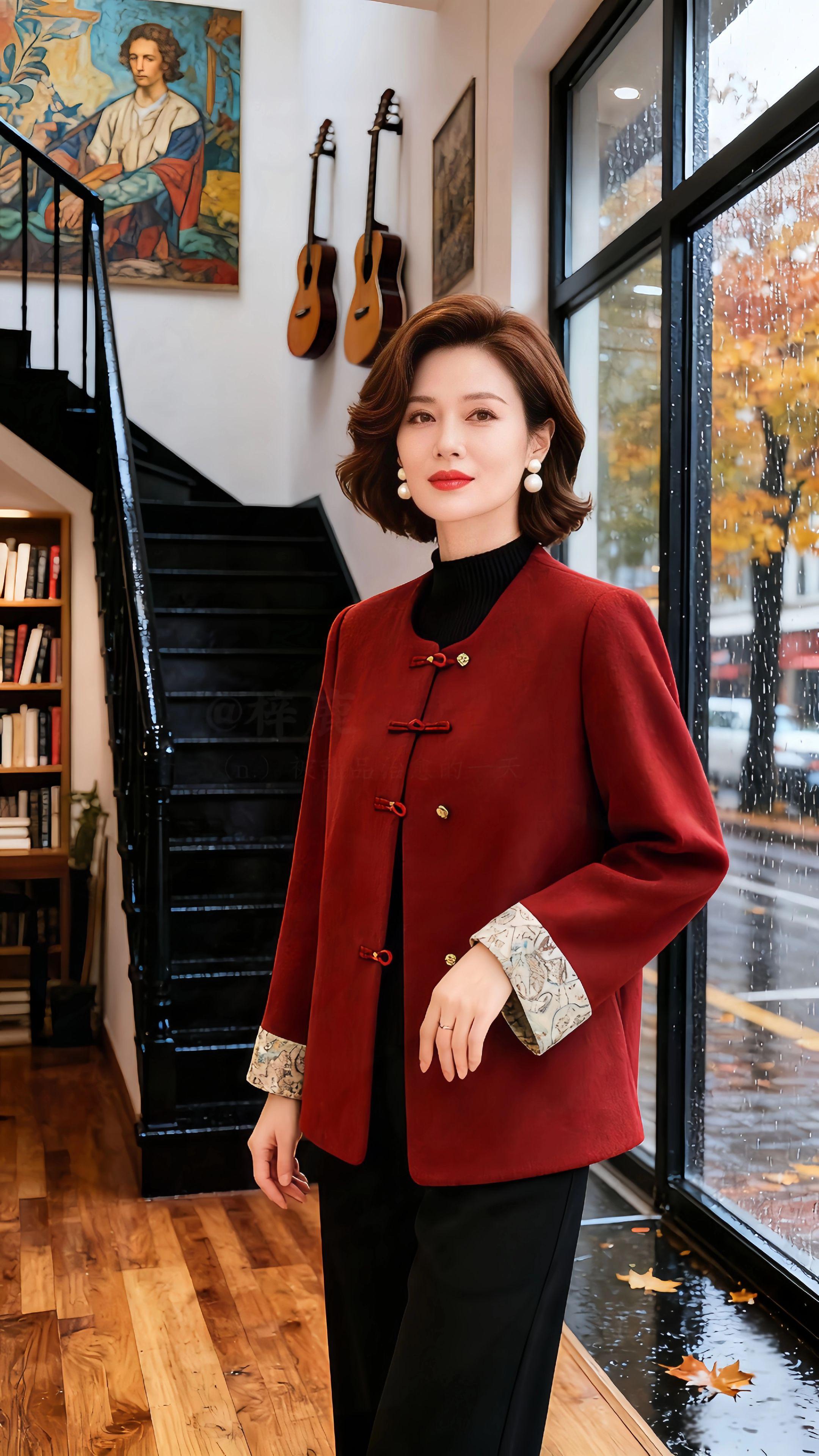 《红色外套里的秋意》秋雨敲窗时,她立在窗边,酒红外套衬着耳畔珍珠轻晃。窗外梧桐叶染了秋黄,雨珠裹着凉意坠在玻璃上,木地板映着湿亮的光。身后书架叠着书脊,吉他悬在墙侧,画框里的色彩浸着暖调。   这件外套裹着秋的气息:是雨丝的润,是叶尖的黄,是她抬眸时,唇间胭脂与眼底温柔揉成的、恰好的舒展。#妈妈装 #喜婆婆喜妈妈 #优雅气质 #高级感穿搭 #今天穿什么