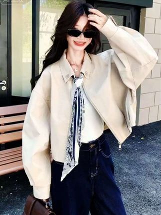 韩版休闲减龄短款外套女2025春秋小个子复古丝巾翻领百搭夹克上衣