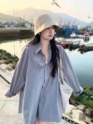 灰色条纹衬衫女慵懒风2025秋季韩系宽松休闲衬衣百搭长袖上衣 #秋季穿搭#时尚#休闲#显瘦#气质