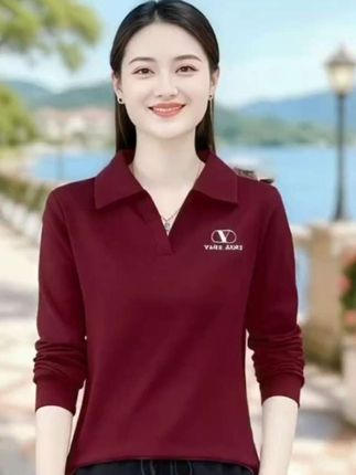 啄木鸟正品春秋时尚洋气中年长袖翻领上衣百搭显瘦韩版休闲t恤女~#中老年穿搭 #春秋穿搭 #长袖T恤#早秋韩系氛围感穿搭 #春秋穿搭 @DOU+小助手