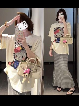 云朵kitty屋~减龄卡通印花宽松T恤条纹松紧腰弹力鱼尾半裙#9220 #辣妹穿搭 #慵懒风穿搭 #卡通T #百搭t恤
