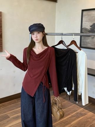 2025秋装新款胖mm大码女时尚不规则荡领T恤法式气质绑带上衣#气质穿搭#显瘦穿搭#休闲穿搭#通勤百搭#减龄穿搭